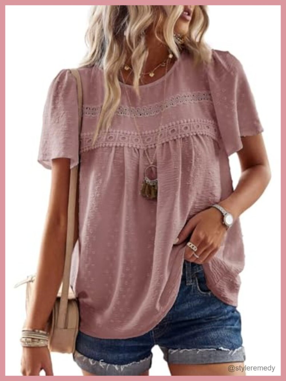 Womens Flowy Boho Tunic Top Crochet Lace Pom Pom Short Sleeve Loose Fit